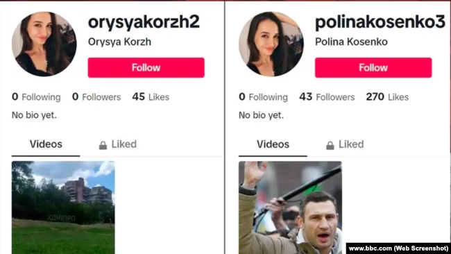 скріншот Фейкові облікові записи TikTok, виявлені журналістами ВВС разом з Лабораторією цифрових криміналістичних досліджень (DFRLab) при Атлантичній раді (США). Виявили майже 800 фейкових акаунтів у TikTok