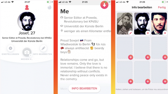 Скріншот з Тіндера, де в якості людини, яка хоче познайомитися — Сталін